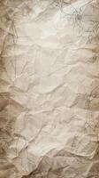 Wrinkled parchment paper with cracks and abstract lines. Concept of texture, antique, vintage background, old paper.. Copy space. Vertical photo