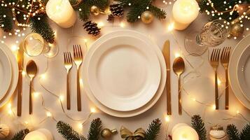 Elegant holiday dinner table setting with candles and golden cutlery. Christmas festive table decor with Christmas tree branches. Concept of holiday gathering, celebration, festive decoration photo