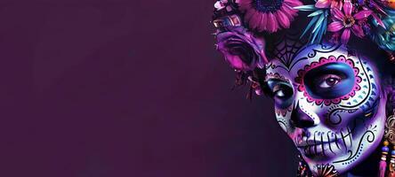 Woman with Day of the Dead skull makeup. Lady with Dia de los Muertos face paint. Purple background. Concept of Mexican culture, holiday celebration, Halloween. Copy space. Banner photo