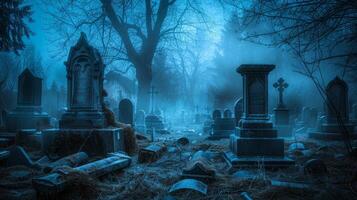 Eerie foggy graveyard with old tombstones at night. Concept of spooky cemetery, dark atmosphere, haunted location, gothic scenery, Halloween photo