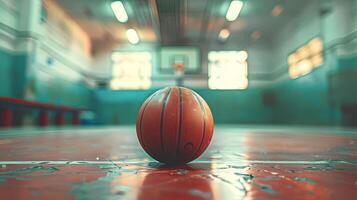 Basketball on a court in an empty indoor gym. Sport concept, athletic environment, activity, focus on the ball photo