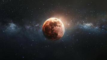 Darkened moon during a lunar eclipse against a backdrop of stars. Starry sky showcasing a partial lunar eclipse. Concept of astronomical event, celestial phenomena, lunar observation, and night sky photo