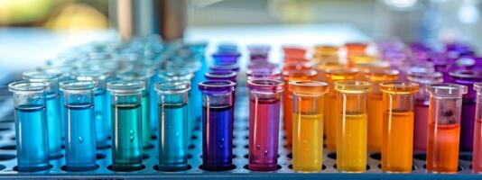 Colored liquids in test tubes arranged in a row in a laboratory setting. Concept of science, experiment, chemistry, research photo