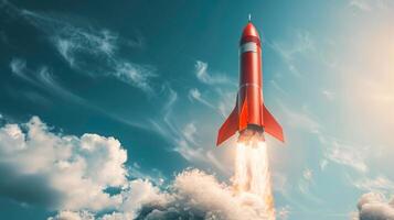Red Rocket Launching into Sky with Clouds in Background. Symbol of Innovation, Exploration, and Adventure photo