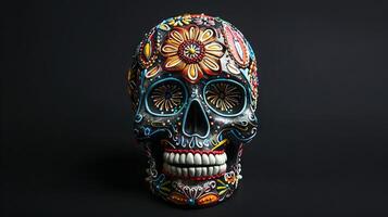 Colorful sugar skull with floral patterns isolated on dark background. Vibrant calavera with flower designs. Concept of Day of the Dead, Mexican culture, traditional crafts, Halloween photo
