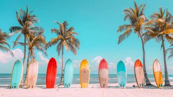 vistoso tablas de surf en pie vertical en un arenoso playa con palma arboles vibrante tablas de surf en un fila en un tropical costa. concepto de surf, tropical vacaciones, playa equipo, verano divertido foto