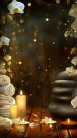Elegant spa setting with lit candles, flowers, towels, smooth stones. Calming wellness retreat for relaxation. Concept of luxury Thai spa, tranquility, indulgence. Copy space. Vertical photo