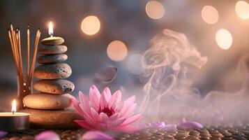 Lotus flower and warm candles with massage stones in a peaceful spa setting. Tranquil spa ambiance with lit candles and stones. Concept of serenity, wellness, and peaceful relaxation photo