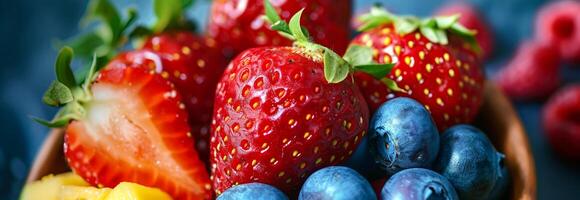 Close-up of fresh strawberries and blueberries in a bowl. Fruit arrangement, healthy eating, seasonal produce, vibrant colors concept photo