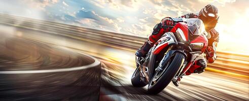 masculino motocicleta corredor en un apretado giro en un pista a puesta de sol. profesional motociclista. concepto de velocidad, adrenalina, carreras deporte, emoción foto