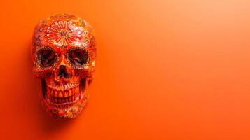 Vividly Painted Skull on an Orange Background. Concept of Halloween Decor, Day of the Dead, Artwork Skull Design. Copy space photo