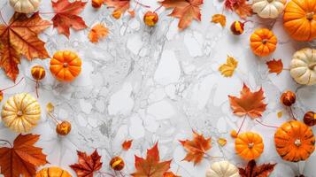 Autumn card mockup on marble and white space. Orange pumpkins and red leaves frame. Concept of harvest festival, Thanksgiving invitation, October theme, and stylish seasonal presentation. photo