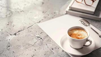 Coffee cup with a blank sheet on a distressed background. Empty paper and a beverage on a textured surface. Concept of starting fresh, artistic expression, office break, minimalist design. Copy space. photo
