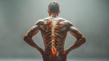 Muscular white man with highlighted spine experiencing lower back pain. Concept of human anatomy, muscle structure, spinal health, and pain management photo