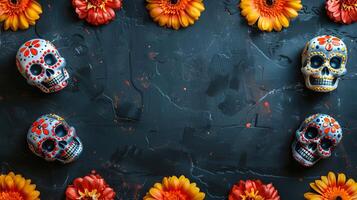 Colorful skulls and flowers frame on dark background. Sugar skulls with botanical elements. Concept of Day of the Dead, floral design, Halloween. Greeting card, postcard, banner. Space for text photo