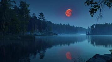 Tranquil lake with forest and red full moon at night. Calm water with trees and crimson moon glowing in the sky. Concept of serenity, nature's beauty, peaceful landscape, night scenery photo