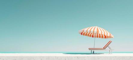 Beach umbrella with chair on sandy beach. Single umbrella and chaise lounge setup by the sea. Concept of relaxation, beach leisure, sun protection, and vacation. Banner. Space for text photo