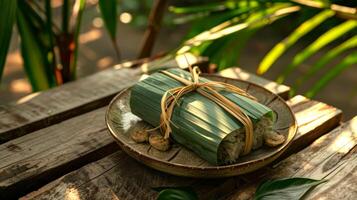 Thai banana in sticky rice, Khao Tom Mad, wrapped in banana leaves. Traditional Asian dessert on a plate. Concept of Thai desserts, natural packaging, sweet treats, cultural cuisine, food presentation photo