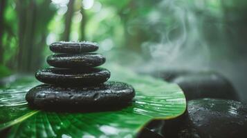 Black stones in equilibrium on a broad leaf, background of tranquil water. Concept of peacefulness, natural balance, and zen meditation. Banner. Space for text photo