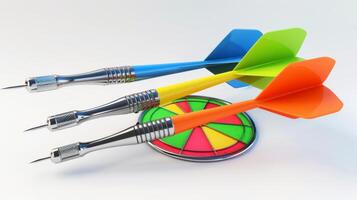 Three colorful darts on a multicolored dartboard. Bright blue, green, and orange darts in close-up. Concept of precision, accuracy, sports, recreation photo