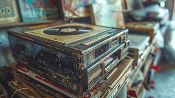 Vintage Record Player and Vinyl Collection in Antique Shop. Concept of retro cassette tape player, music memorabilia, historical soundtracks, and cultural nostalgia photo