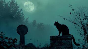 Black cat in a graveyard under the full moon at night. Concept of spooky, mystery, Halloween, eerie ambiance photo