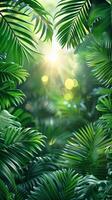 Bright summer tropical botanical background with green palm leaves and bokeh effects. Trendy wallpaper with vibrant colors. Copy space. Mockup for design. Vertical format photo