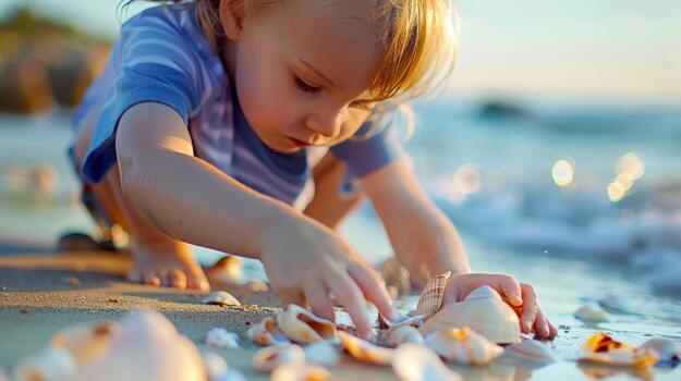 Little Caucasian boy playing with shells on a beach. Small child enjoying the seaside with seashells. Concept of childhood, beach fun, nature exploration, innocence photo