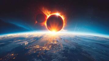 Solar eclipse seen from space with another planet. Celestial event from the orbit with a second planet visible. Concept of astronomy, space exploration, cosmic phenomena, and planetary alignment photo