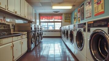 Old-fashioned laundry setting with pastel-colored machines and classic window views. Retro laundry interior. Concept of vintage aesthetic, timeless laundry designs, and cozy atmosphere. photo
