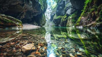 Serene canyon mirrored in a tranquil river with lush greenery. Calm gorge reflected in clear water with vibrant plants. Concept of natural beauty, tranquility, outdoor scenery, reflection, nature photo