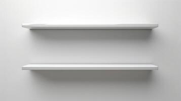 Modern minimalist white wall shelves design. Concept of interior decoration, home organization, clean and simple aesthetic. Copy space. Mockup. Empty Shelves on a White Wall photo