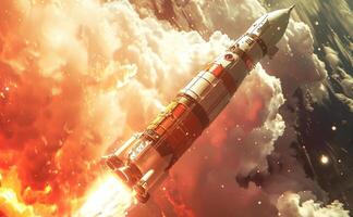 Rocket launching amidst fiery clouds and vibrant sky Concept of space exploration, aerospace technology, scientific achievement, engineering marvel photo