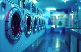 Sleek and modern laundromat equipped with high-tech machines. Public laundry environment. Concept of advanced technology, public utility, efficiency. photo