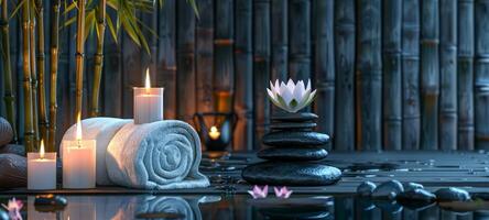 Elegant spa setting with lit candles, flowers, towels, smooth stones. Calming wellness retreat for relaxation. Concept of luxury Thai spa, tranquility, indulgence. Wide Banner. Copy space photo