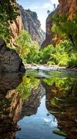 Serene canyon mirrored in a tranquil river with lush greenery. Calm gorge reflected in clear water with vibrant plants. Concept of natural beauty, tranquility, outdoor scenery, nature. Vertical photo
