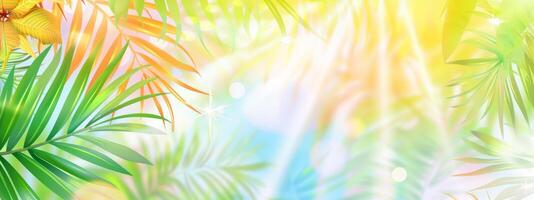 Bright summer tropical backdrop with green pastel palm leaves and bokeh effects. Trendy botanical wallpaper with soft colors. Wide banner. Copy space. Mockup for design. Art photo