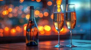 Sparkling champagne in flutes on shimmering golden backdrop. Festive atmosphere with champagne for celebrating. Concept of elegance, joyful events, New Year's Eve, Christmas. Copy space photo