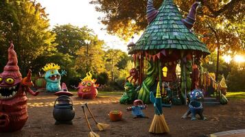 Whimsical Halloween-themed park playground with a fairy-tale witchs hut. Enchanted play area decorated with pumpkins and spooky decorations. Fantasy playground, Halloween decor, festive park concept photo