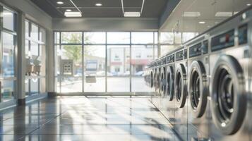 Large-scale laundry center featuring sleek machines and expansive window views. Professional laundry service area. Concept of business operations, streamlined workflows photo