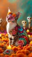 Kitten with Day of the Dead face paint among marigold flowers. Small cat with Dia de los Muertos makeup in floral setting. Concept of cultural celebration, festive cats, colorful traditions. Vertical photo