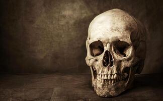 Human skull on a dark textured background. Concept of mortality, human anatomy, medical study, macabre design, Halloween photo