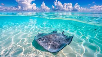 Stingray gliding through clear shallow waters, clouds above. Serene marine animal in its natural habitat. Concept of aquatic life, peace in nature, and ocean photo