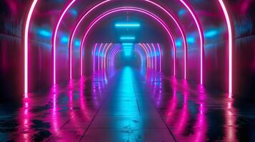 Neon archway with glowing pink and blue lights. Futuristic tunnel design. Concept of modernity, technology, innovation, vibrant colors photo