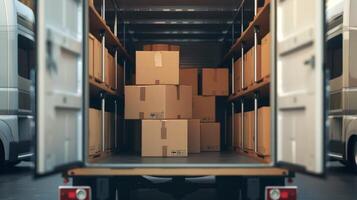 Cardboard boxes stacked inside a moving truck. Transportation, moving, delivery, logistics concept photo