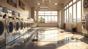 Contemporary commercial laundry with a series of advanced washing machines and bright interiors. Industrial laundry setup. Concept of large-scale operations, cleanliness, and functional design. photo