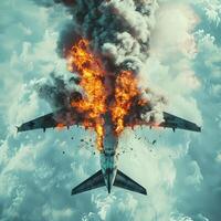 Airplane engulfed in flames descending in cloudy sky. Aircraft on fire falling through the clouds. Concept of aviation accident, emergency situation, danger. Burning plane photo
