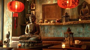 Meditating bronze Buddha statue with a background of glowing red lanterns. Symbolic of peace and spiritual reflection. Concept of Asian spirituality, tranquility, cultural heritage. Space for text photo