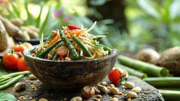 Fresh green papaya salad in bowl garnished with roasted peanuts. Som Tum with cherry tomatoes and green beans. Concept of Thai cuisine, Asian tdish, culinary photo