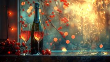 Champagne bottle with glasses. Champagne flutes with sparkling wine. Celebratory drinks. Concept of celebration, toast, elegance, festivities, romance, joyful events. Banner. Copy space. photo